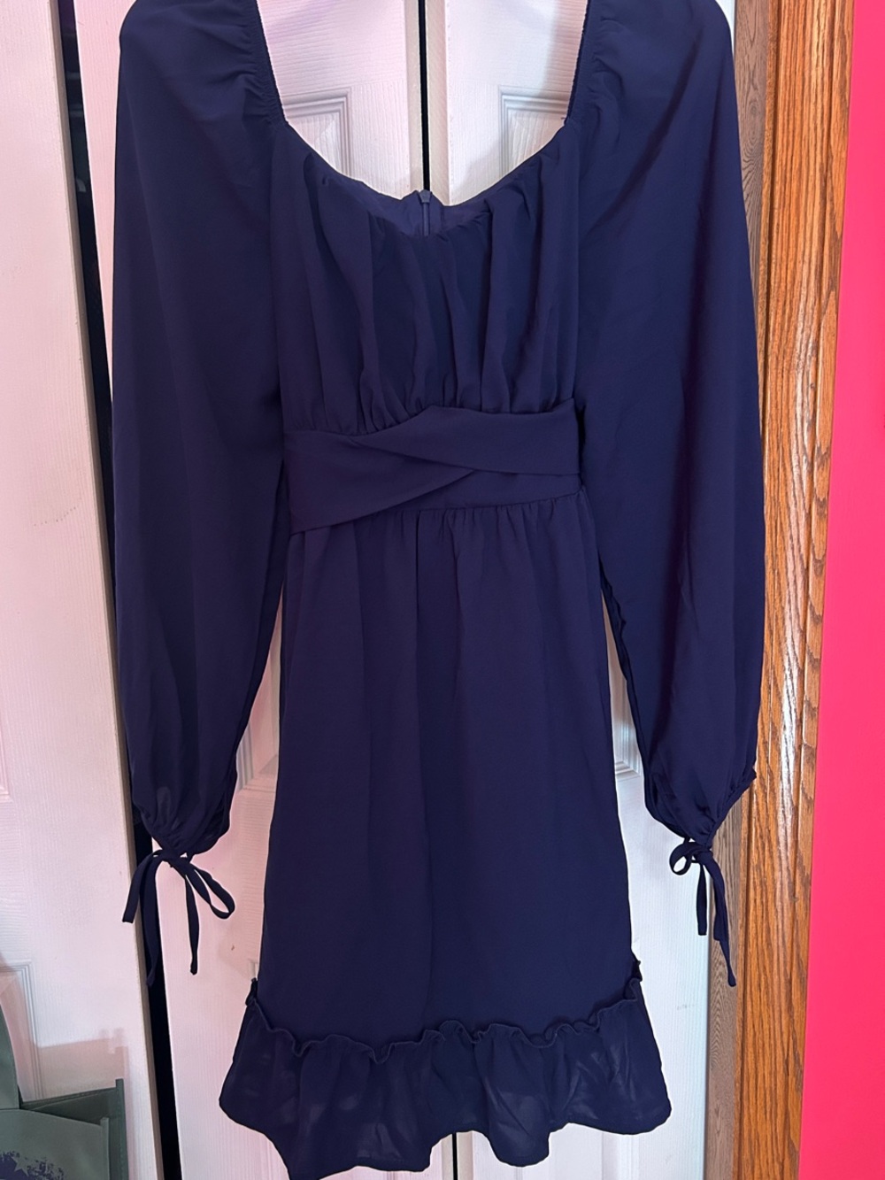 Amazon Navy Long-Sleeve Ruffle Hem Midi Dress